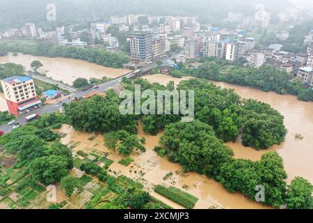 GUILIN, CHINA - JUNE 18, 2024 - Flood waters inundate low-lying areas in Quanzhou county, Guilin city, South China's Guangxi Zhuang Autonomous region, Stock Photo