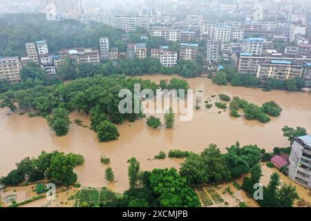 GUILIN, CHINA - JUNE 18, 2024 - Flood waters inundate low-lying areas in Quanzhou county, Guilin city, South China's Guangxi Zhuang Autonomous region, Stock Photo