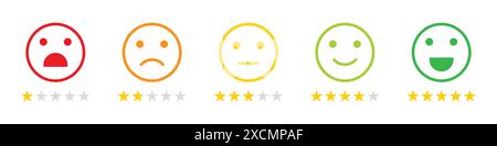 Set of customers ret satisfaction level emoticon icon. Rating emoji icon set in different color outline. Star rating emoji icon set. Stock Vector