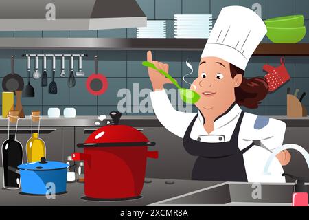 A vector illustration of Chef Woman Cooking in the Kitchen Stock Vector