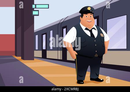 A vector illustration of Train Conductor In Front of the Train Stock Vector