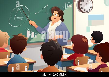 A vector illustration of Teacher Woman Teaching in Classroom School Stock Vector