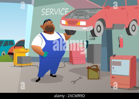 A vector illustration of Car Repairman Mechanic Doing Service Stock Vector