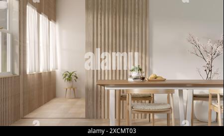 The interior design of a contemporary minimalist dining room features a wooden dining table, parquet floor, windows, and decorative flowers. 3d render Stock Photo