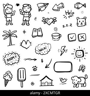 Hand drawn abstract thin line doodle set of objects, in Vector illustration Stock Vector