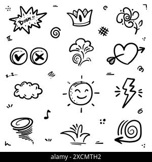 Hand drawn doodle abstract of Swash Black Thin Line Set Include of Heart, Stroke, Circle and Arrow Sign in Vector illustration Stock Vector