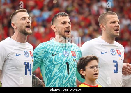 Frankfurt Am Main, Germany. 17th June, 2024. Milan Škriniar (L), Martin Dúbravka (C) and Denis Vavro (R) of Slovakia seen during the UEFA EURO 2024 European Football Championship tournament group E stage match between Belgium and Slovakia at Frankfurt Arena. Final score : Slovakia 1 : 0 Belgium Credit: SOPA Images Limited/Alamy Live News Stock Photo