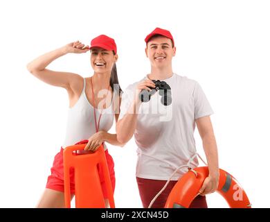 Lifeguards with ring buoy, rescue tube and binoculars isolated on white background Stock Photo