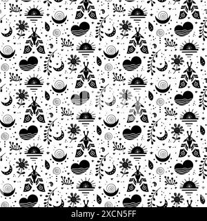 Seamless neo folk art vector pattern with butterfly, moth and flowers, black and white floral design. Neo folk style endless background perfect for Stock Vector