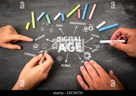 Digital Age Concept. Illustration with icons, arrows and keywords. Stock Photo