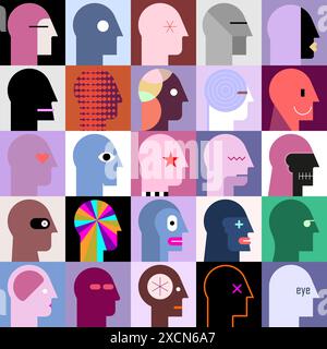 Human heads. Vector flat style graphic design elements. Tileable wallpaper, can be used as seamless background. Stock Photo