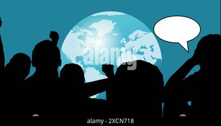 Image of people silhouettes with speech bubbles over globe on blue background Stock Photo