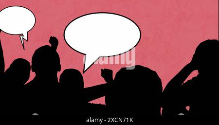 Image of people silhouettes with speech bubbles over pink background Stock Photo