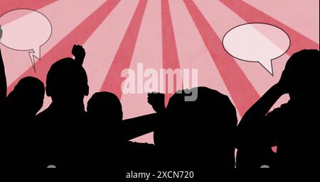 Image of people silhouettes with speech bubbles over lines on pink background Stock Photo