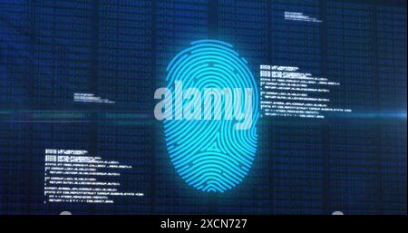 Image of fingerprint scanning with lens flare and computer language over blurred binary codes Stock Photo