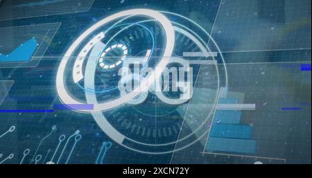 Image of 5g text, scope scanning and data processing over blue background Stock Photo