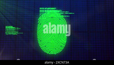 Image of fingerprint scanning with programming language and lens flare over blurred binary codes Stock Photo