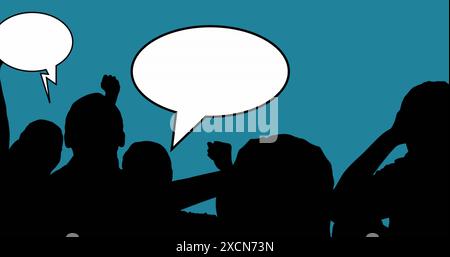 Image of people silhouettes with speech bubbles over blue background Stock Photo