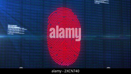 Image of fingerprint scanning with lens flare and computer language over blurred binary codes Stock Photo
