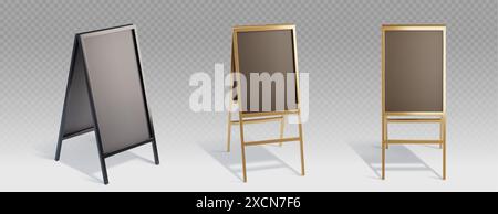 Pavement 3d signboard for cafe and restaurant menu. Different angles of view on blank black sandwich chalkboard with metal frame for shop promo information message. Realistic vector set stand banner. Stock Vector