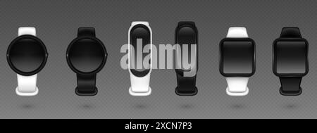 Smartwatch and fitness tracker with white and black bracelet. Realistic 3d vector illustration set of intelligent sport wristband with round, rectangular and square blank screen. Smart device mockup. Stock Vector