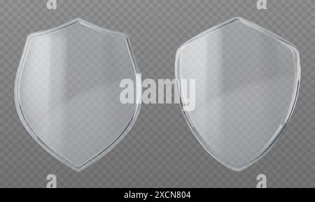 3D set of glass shields isolated on transparent background. Vector realistic illustration of plastic security guard icons with light effect on glossy surface, crystal award trophy, protection badge Stock Vector