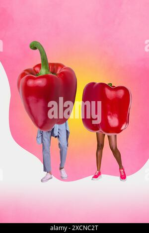 Vertical photo collage of female black male white legs instead body red pepper sweet paprika diet grocery isolated on painted background Stock Photo