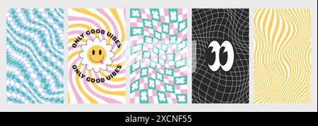 Psychedelic checkerboards with distorted grid tile, twisted lines and groovy hippie stickers. Checkered seamless pattern backgrounds in retro y2k style. Warped chessboard set with smiling daisy flower Stock Vector