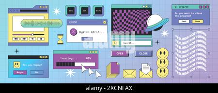 Old aesthetic pc elements in y2k style. Vector set of retro computer interface, digital screen with buttons, windows, folder, loading bar, search box, error icon. Vaporwave desktop with acid stickers. Stock Vector