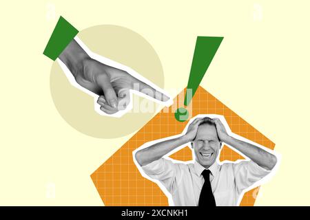 Composite collage picture image of finger point warning sign danger attention stressed man unusual fantasy billboard comics zine Stock Photo