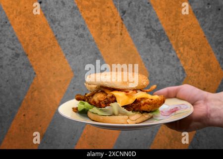 A close-up of a delicious chicken burger with cheese, lettuce, and sauce held on a plate against a textured background Stock Photo