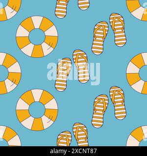 Seamless retro pattern. Summer yellow lifebuoy and flip flops. Stock Vector