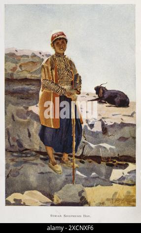 Watercolour (1906) depicting a goatherd or shepherd in Syria Stock Photo