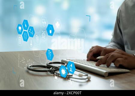 Healthcare business analyzing data chart on hospital background Medical financial and doctor analyzing Stock Photo