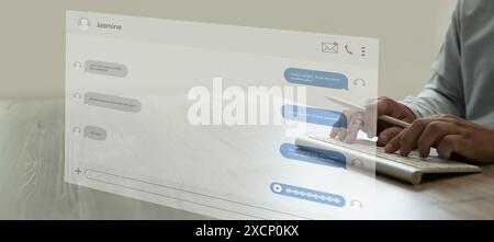 CRM software man Chatbot live chat with customer help assistant  chatting online Stock Photo