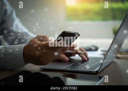 man using mobile smart phone global network online Communication technology with global internet Stock Photo