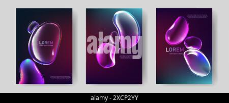 Glowing soap bubbles on black background. Creative poster set with realistic iridescent bubble of different shapes and place for text. A4 size. Vector Stock Vector