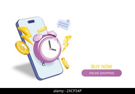 3d alarm clock on pastel online shopping. Pink watch minimal design concept of time alarm. 3d clock vector rendering in isolated white background Stock Vector