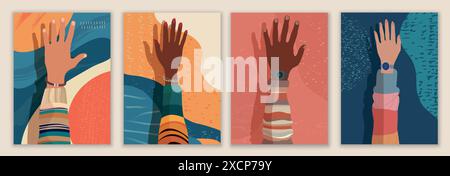 Creative leaflet - poster design with raised hands multicultural volunteers.Recruitment volunteer. Non profit.Volunteerism.NGO Aid.Call for volunteer Stock Vector