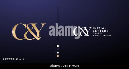 initial letter logos designs vector CY gold golden alphabet combination with blue background creative company for business, branding ads campaigns Stock Vector