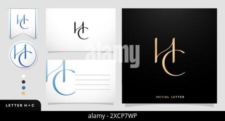 a set of Letter HC logos design template elements isolated white and black with business card for company branding ads campaigns, letterpress Stock Vector