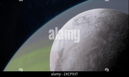 Close-up of a cratered moon in a starry sky. Moon partially visible, right side showing surface, left side dark space with stars. 3d render Stock Photo