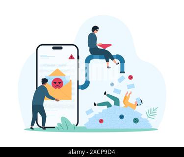 Spam notifications and messages overload in inbox mobile app. Tiny user drowning in pile of spam emails, SMS and marketing letters flowing from tap on smartphone screen cartoon vector illustration Stock Vector