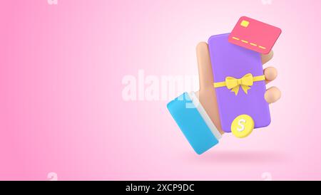 Cashback gift and coin cash money in human hand award for paying card 3d vector banner billboard template. Financial reward and present bonus guarante Stock Vector