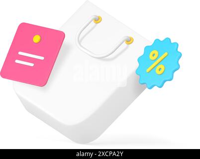 Shopping sale discount paper bag with percentage tag and bill receipt 3d icon realistic vector illustration. Shop store Black Friday price off commerc Stock Vector