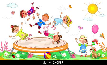 Joyful little children on a walk. Cheerful, smiling children play various games—a group of happy, smiling children. Stock Vector