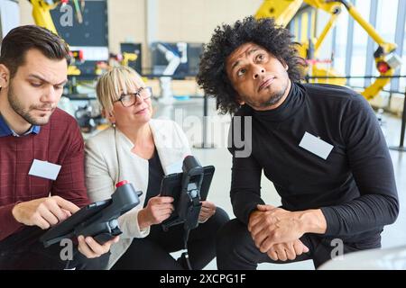 Engineers collaborating while programming robotic machinery in an industrial environment. Focus on teamwork, innovation, and robotics training in prod Stock Photo
