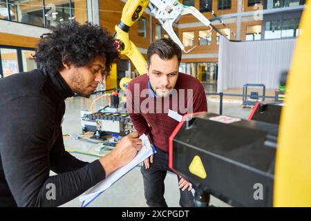 Two engineers collaborating on the development and programming of robotic automation in a high-tech industrial environment. Focus on robotics, technol Stock Photo