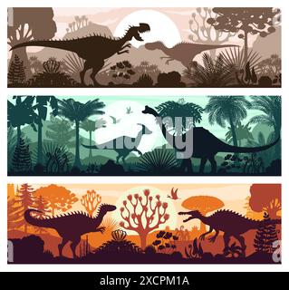 Prehistoric dinosaurs silhouettes in tropical forest. Vector scenic banners featuring shadows of dino animals in jungle with lush vegetation, mountains, and sun. Mesozoic or Jurassic era backgrounds Stock Vector