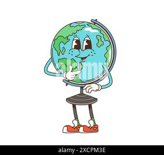 Retro groovy school earth globe character. Isolated vector earth planet, geographical map, teacher personage exudes friendly and educational vibe, engaging young learners in geography science with fun Stock Vector